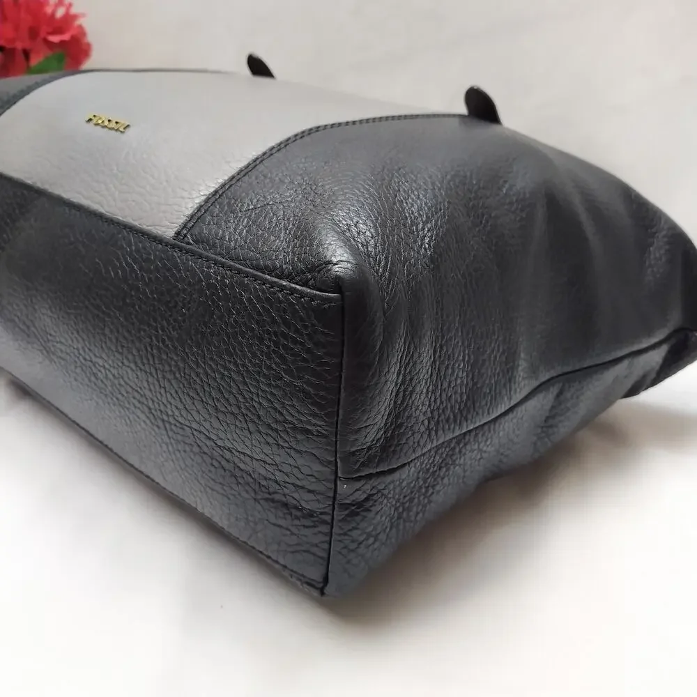 Fossil Colorblock Black Gray Pebbled Leather Double Handle Satchel Shoulder Bag